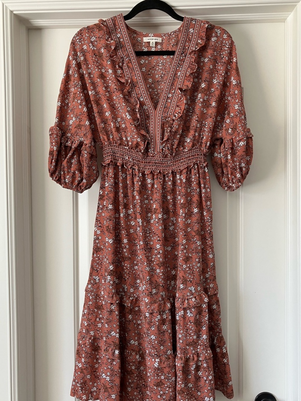 Max Studio Rust Floral Ruffled V-Neck Midi Dress